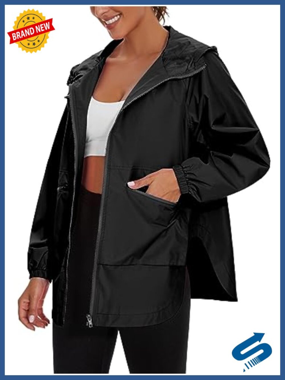 Waterproof Rain Jacket Lightweight Trench Hooded Windbreaker with Pockets